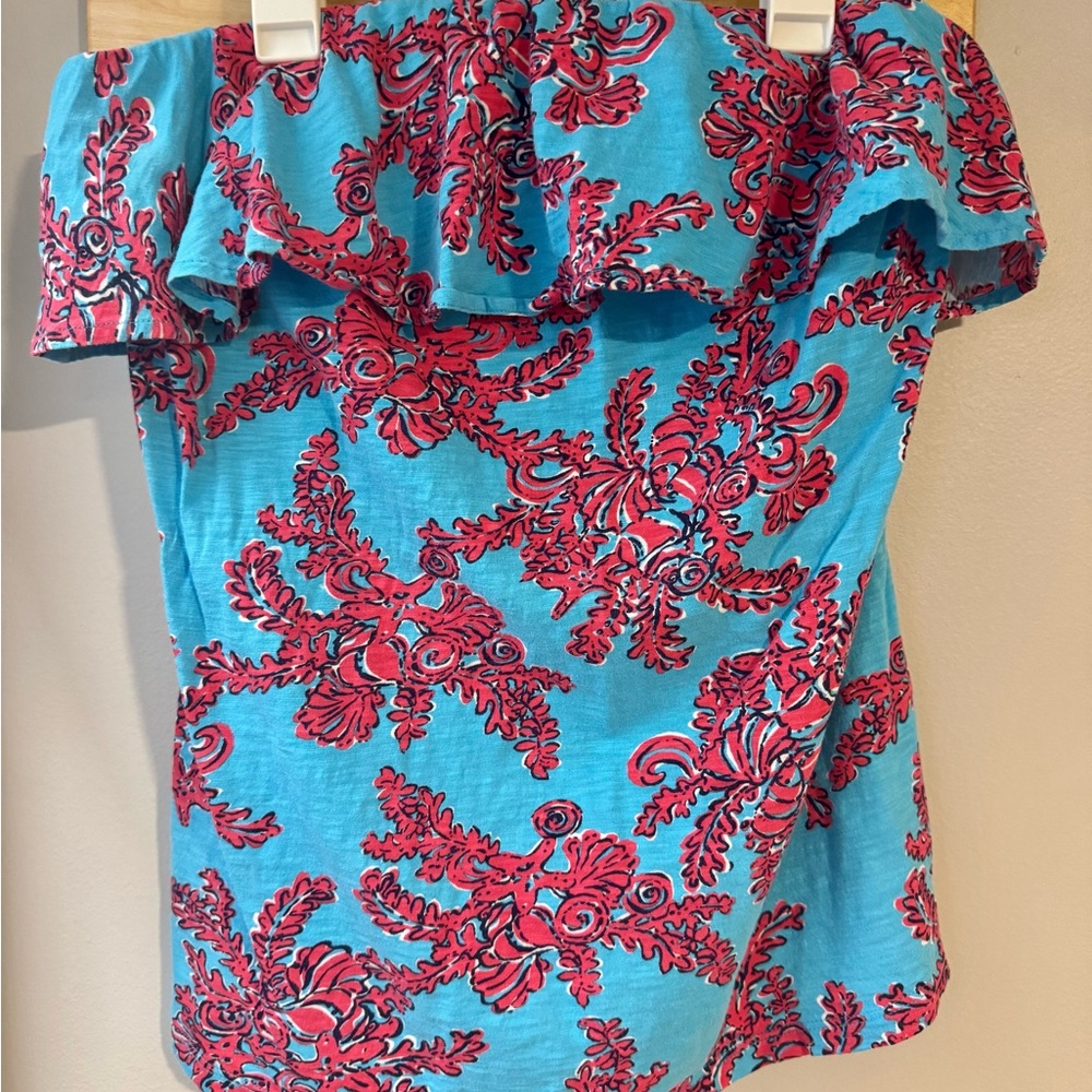 🌴 Lilly Pulitzer Blue and Red Off-Shoulder Blouse, Size XL